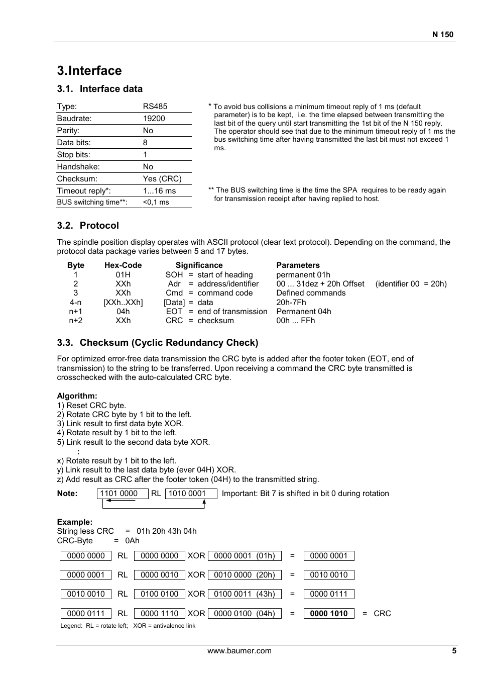 Interface, Interface data, Protocol | Checksum (cyclic redundancy check) | Baumer N 150 User Manual | Page 5 / 21