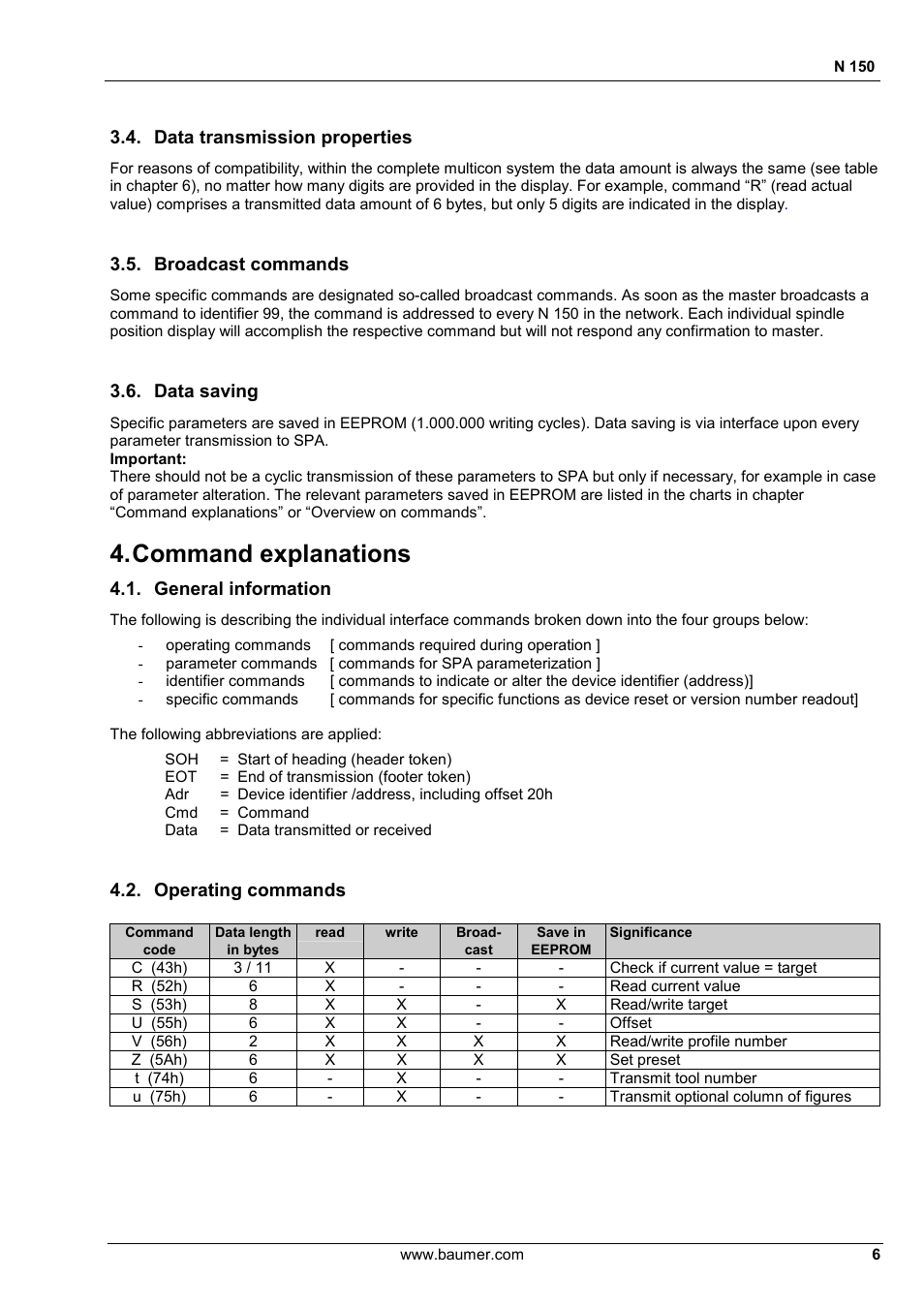 Command explanations, Data transmission properties, Broadcast commands | Data saving, General information, Operating commands | Baumer N 150 User Manual | Page 6 / 21