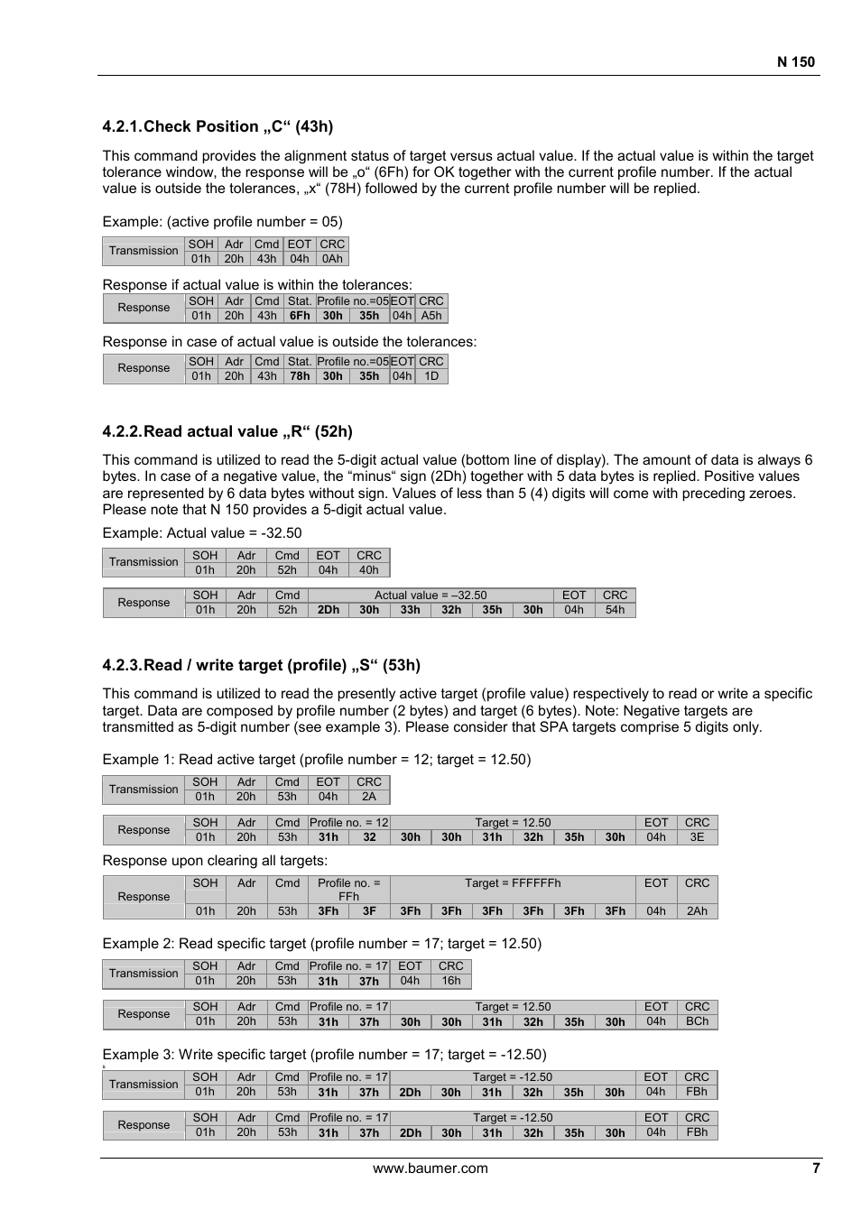 Check position „c“ (43h), Read actual value „r“ (52h), Read / write target (profile) „s“ (53h) | Baumer N 150 User Manual | Page 7 / 21