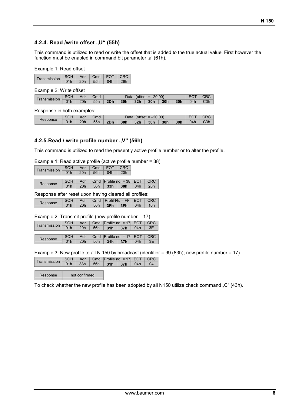 Read /write offset „u“ (55h), Read / write profile number „v“ (56h) | Baumer N 150 User Manual | Page 8 / 21