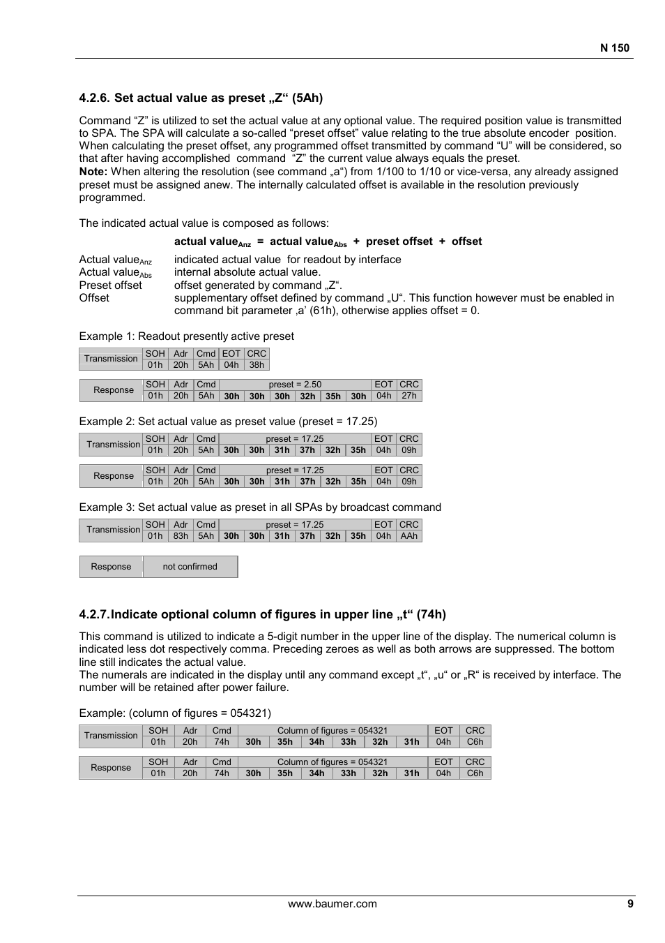 Set actual value as preset „z“ (5ah) | Baumer N 150 User Manual | Page 9 / 21