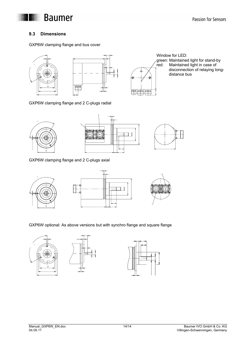 3 dimensions, Gxp6w clamping flange and bus cover, Gxp6w clamping flange and 2 c-plugs radial | Gxp6w clamping flange and 2 c-plugs axial | Baumer GXP6W User Manual | Page 14 / 14