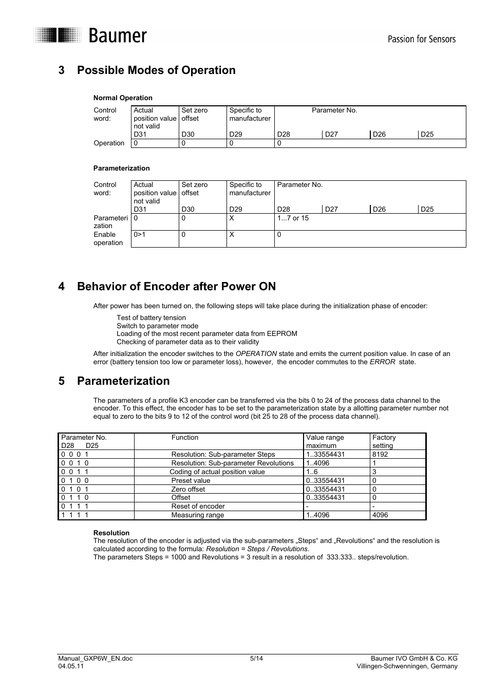 3 possible modes of operation, 4 behavior of encoder after power on, 5 parameterization | Baumer GXP6W User Manual | Page 5 / 14