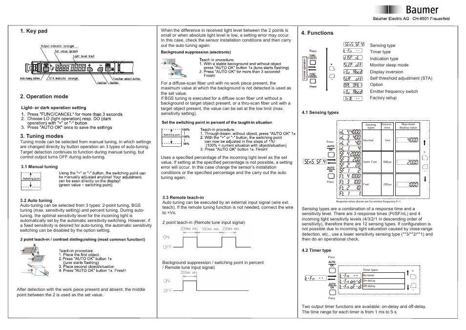 Key pad 2. operation mode 3. tuning modes, Functions | Baumer FVDK 10P66YR User Manual | Page 5 / 8