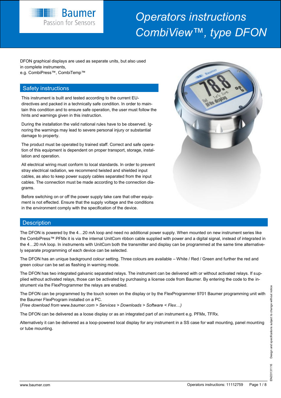Baumer CombiView DFON User Manual | 8 pages
