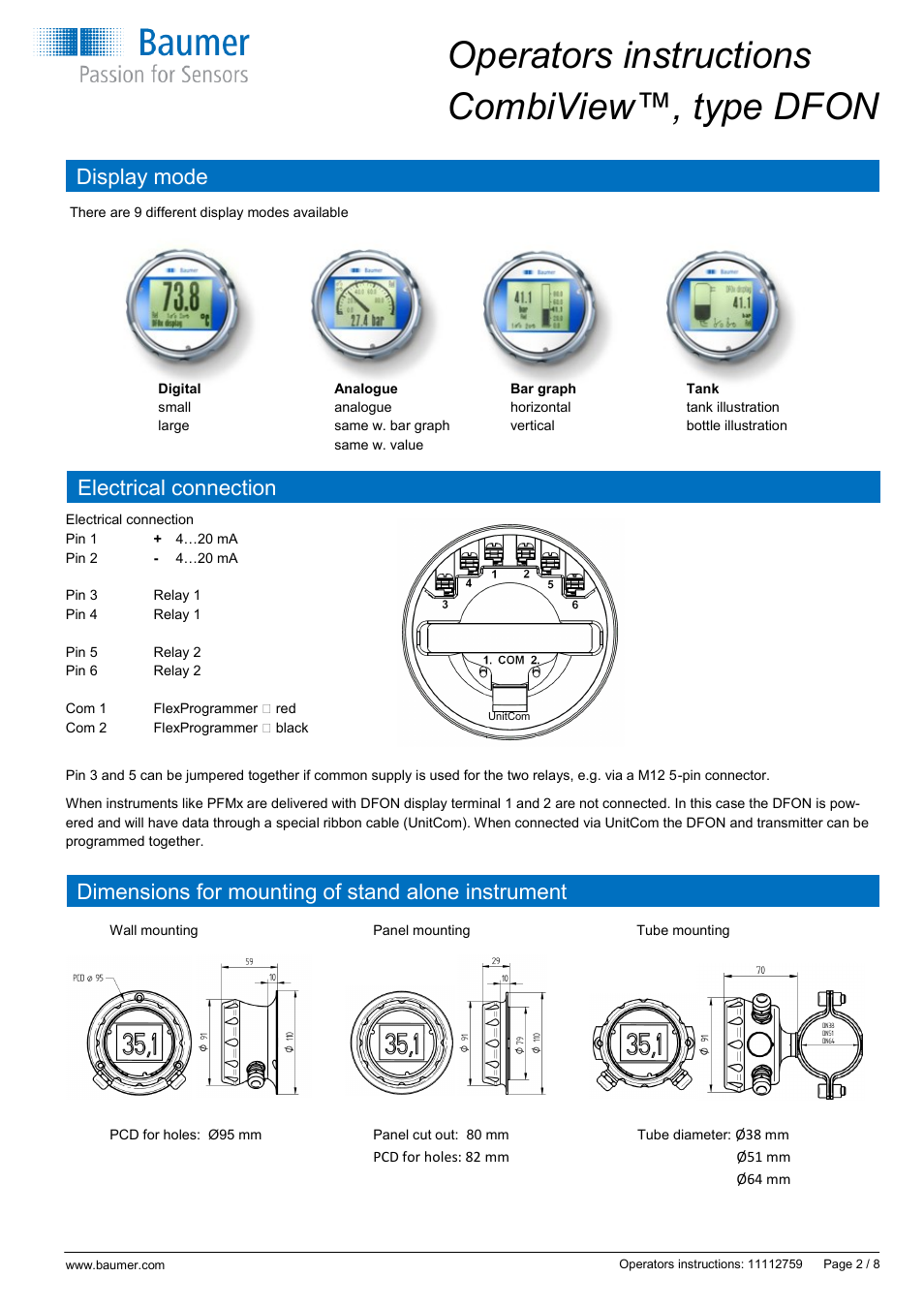 Operators instructions combiview™, type dfon, Display mode | Baumer CombiView DFON User Manual | Page 2 / 8