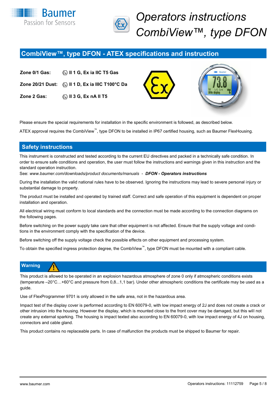 Operators instructions combiview™, type dfon, Safety instructions | Baumer CombiView DFON User Manual | Page 5 / 8