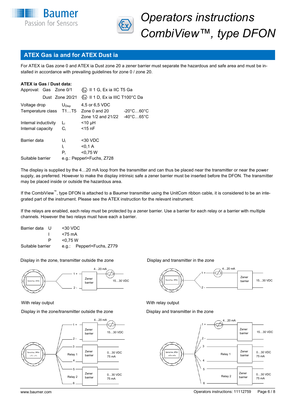 Operators instructions combiview™, type dfon, Atex gas ia and for atex dust ia | Baumer CombiView DFON User Manual | Page 6 / 8