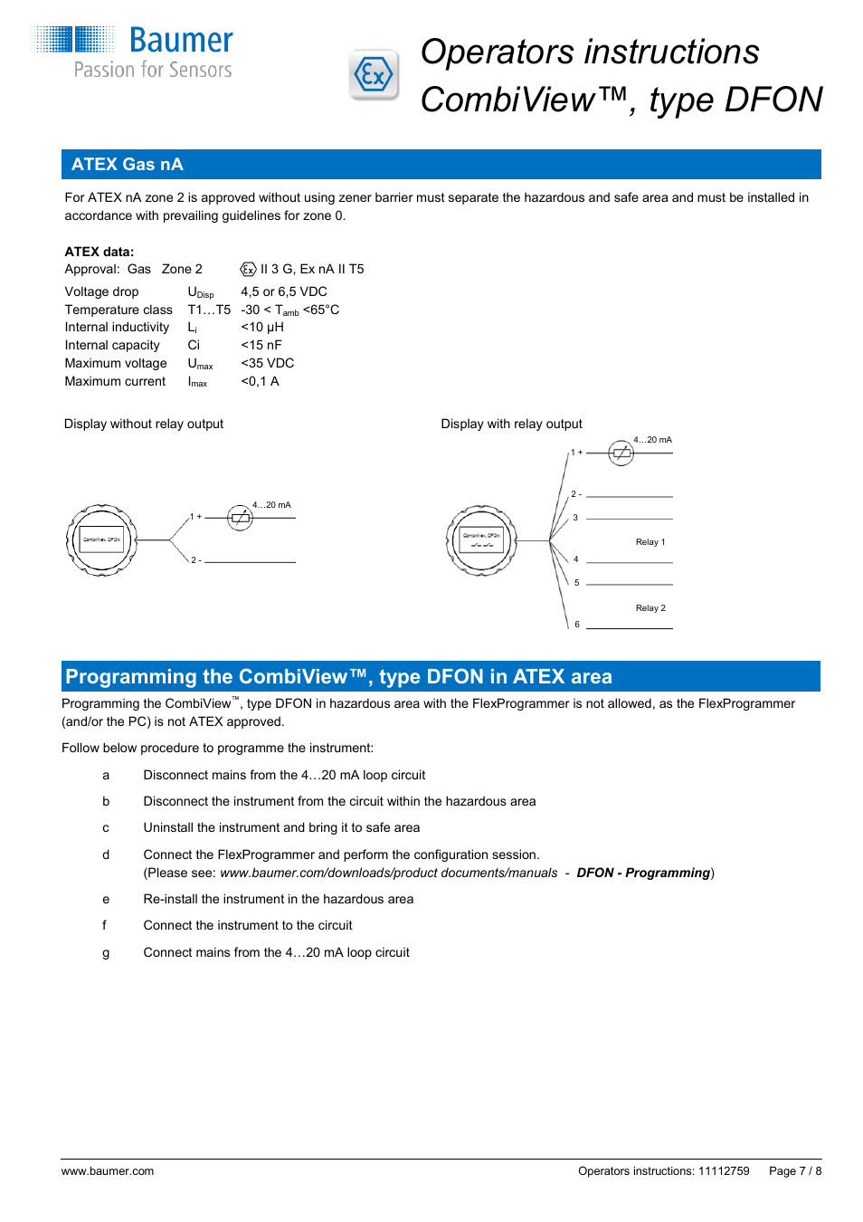 Operators instructions combiview™, type dfon, Programming the combiview™, type dfon in atex area, Atex gas na | Baumer CombiView DFON User Manual | Page 7 / 8