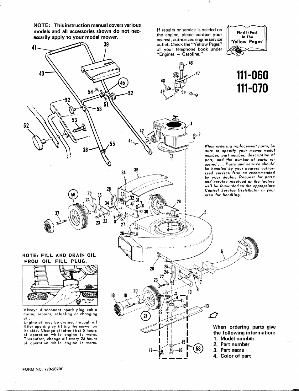 When ordering parts give the following information, Model number, Part number | Part name, Color of part | Bolens 111-070 User Manual | Page 2 / 4