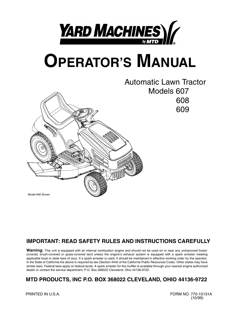 MTD Automatic Lawn Tractor 607 User Manual | 44 pages