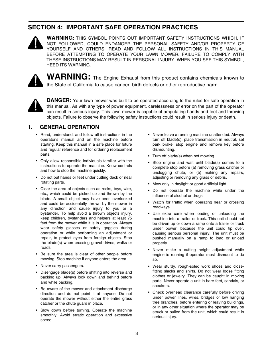 Warning | MTD Automatic Lawn Tractor 607 User Manual | Page 3 / 44