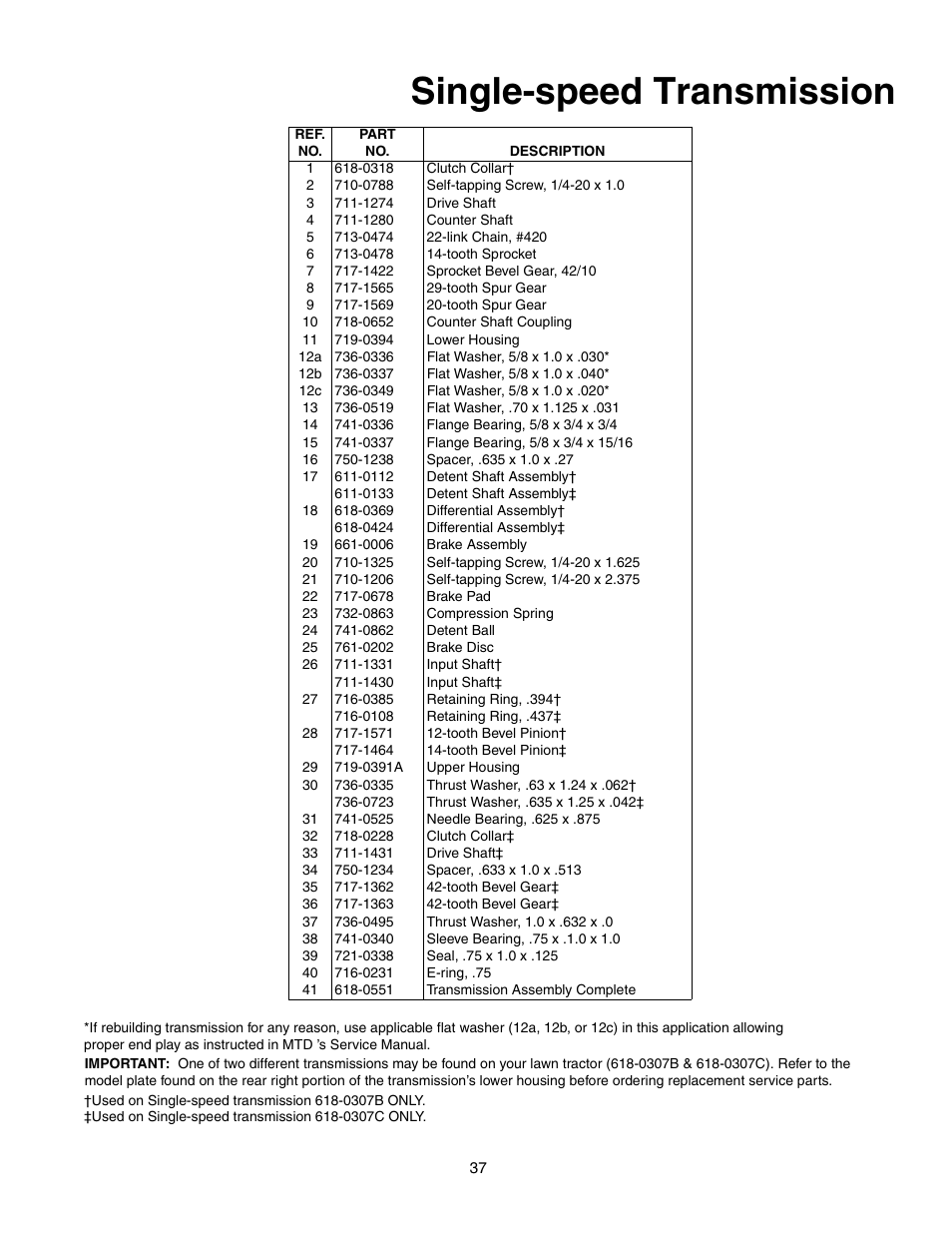 Single-speed transmission | MTD Automatic Lawn Tractor 607 User Manual | Page 37 / 44