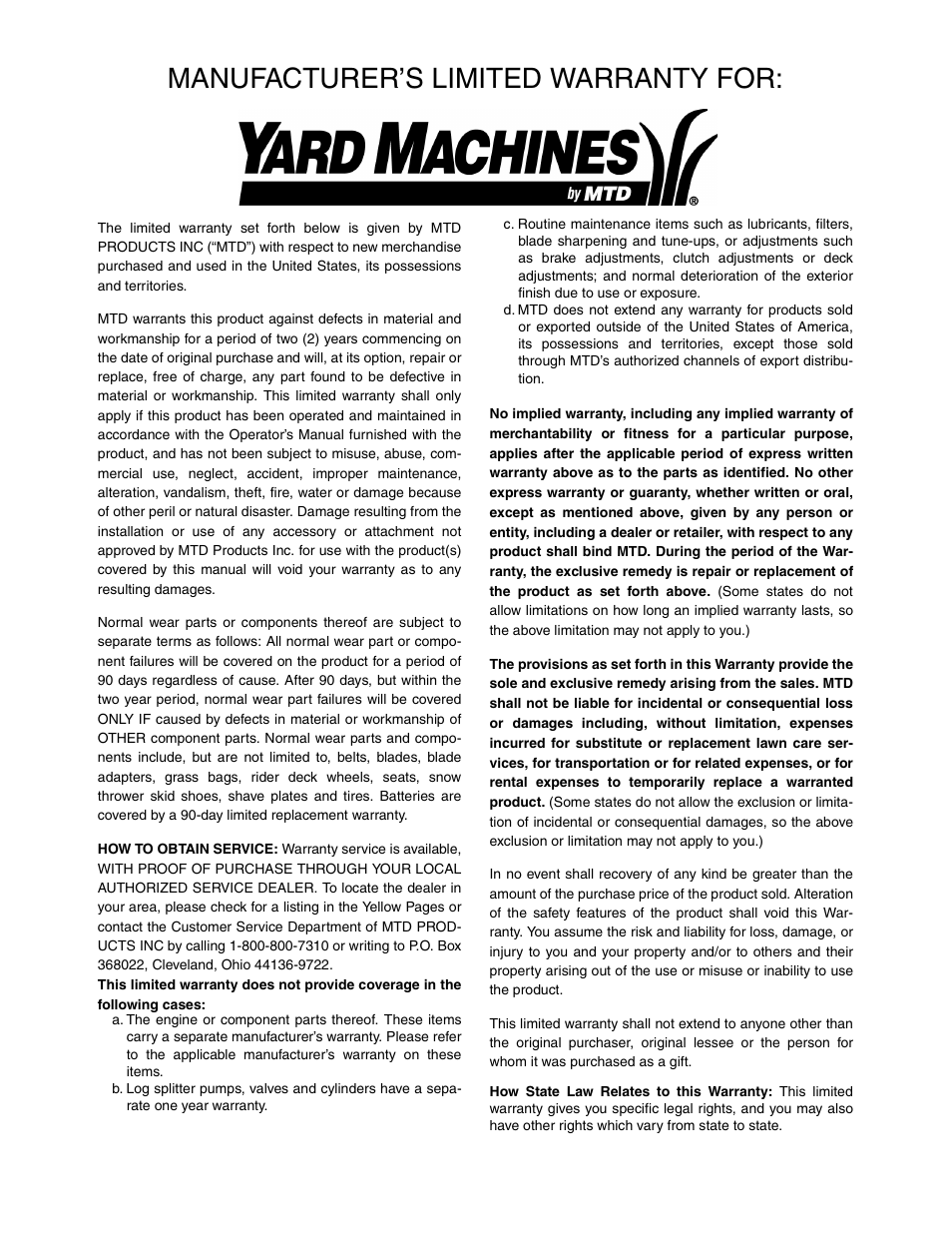 Manufacturer’s limited warranty for | MTD Automatic Lawn Tractor 607 User Manual | Page 44 / 44