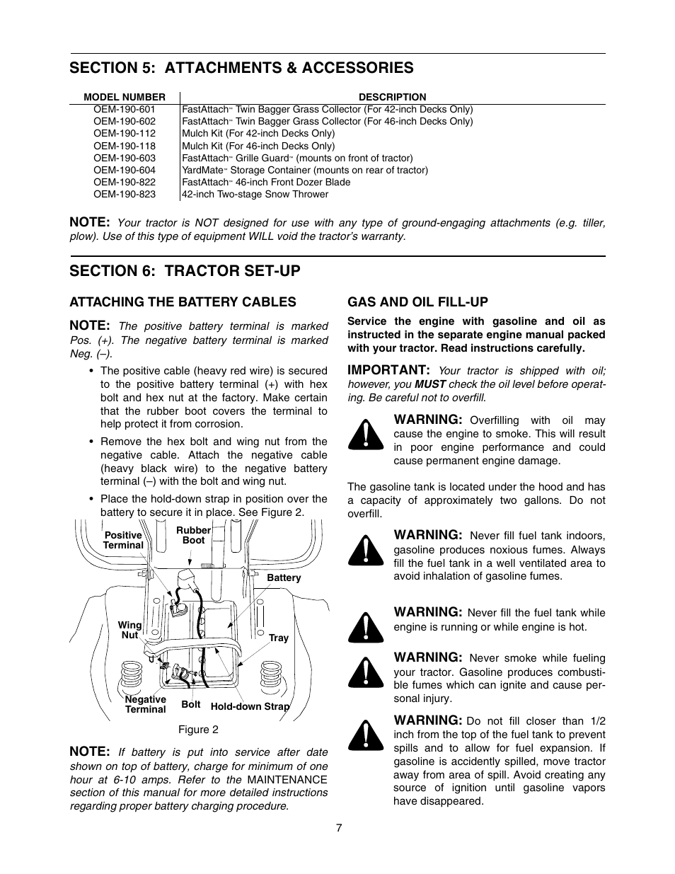 Gas and oil fill-up, Important, Warning | MTD Automatic Lawn Tractor 607 User Manual | Page 7 / 44