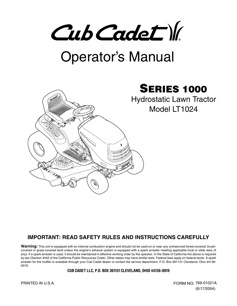 Cub Cadet LT1024 User Manual | 28 pages