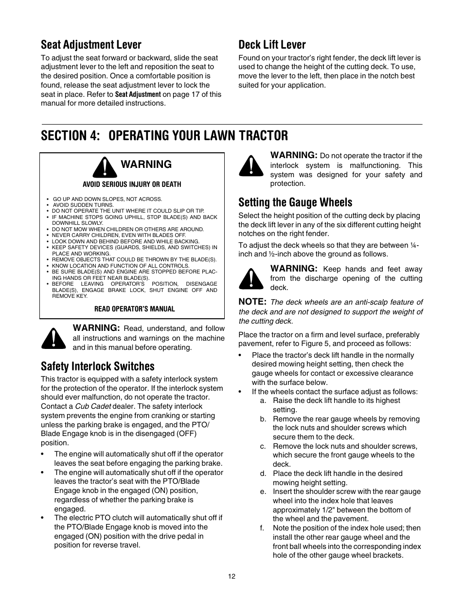 Seat adjustment lever, Deck lift lever, Section 4: operating your lawn tractor | Safety interlock switches, Setting the gauge wheels, Operating your lawn tractor, Warning | Cub Cadet LT1024 User Manual | Page 12 / 28