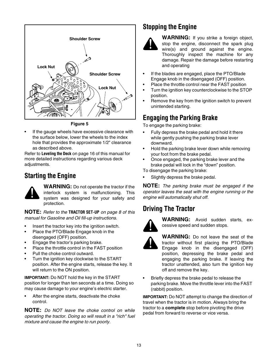 Starting the engine, Stopping the engine, Engaging the parking brake | Driving the tractor, E 13 | Cub Cadet LT1024 User Manual | Page 13 / 28