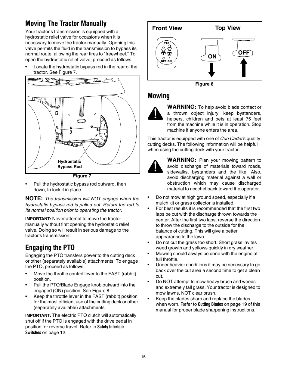 Moving the tractor manually, Engaging the pto, Mowing | Cub Cadet LT1024 User Manual | Page 15 / 28
