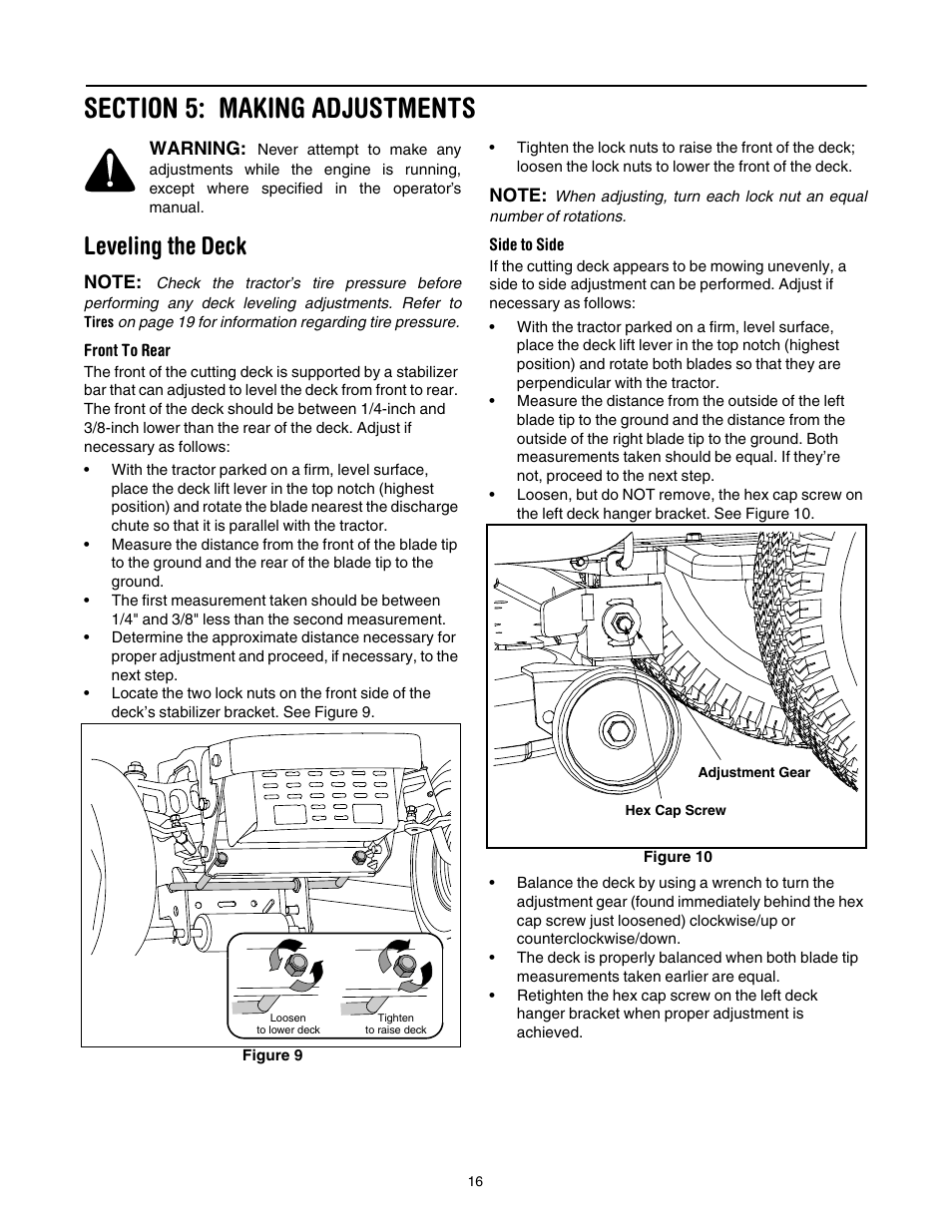 Section 5: making adjustments, Leveling the deck | Cub Cadet LT1024 User Manual | Page 16 / 28