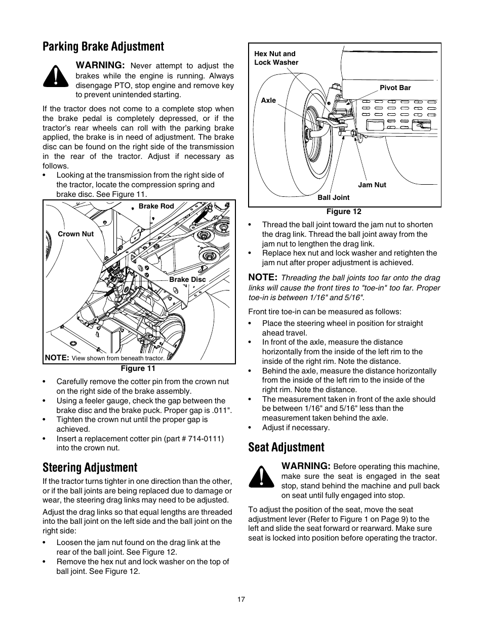 Parking brake adjustment, Steering adjustment, Seat adjustment | Ket. see, See fig | Cub Cadet LT1024 User Manual | Page 17 / 28
