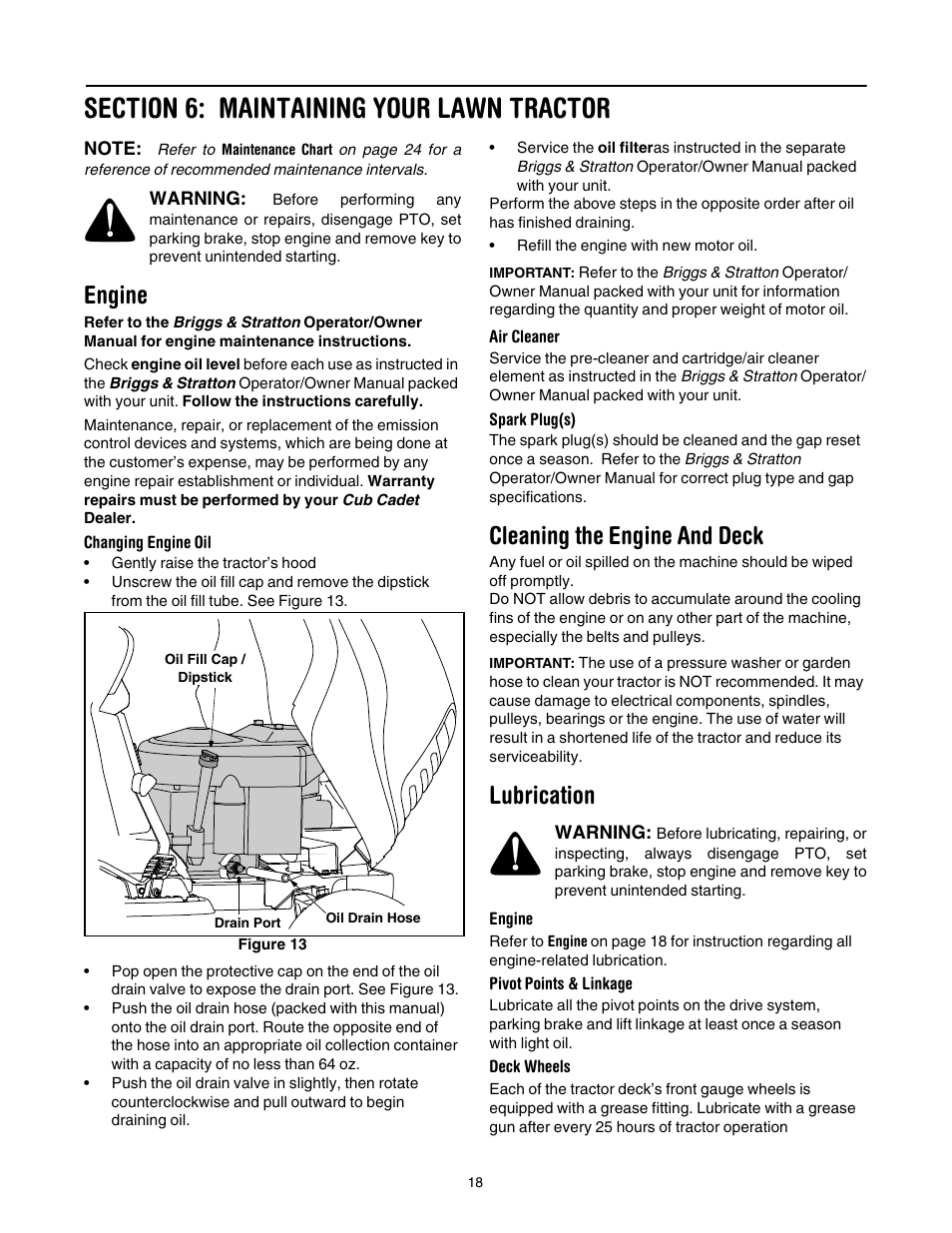 Section 6: maintaining your lawn tractor, Engine, Cleaning the engine and deck | Lubrication, 18 of | Cub Cadet LT1024 User Manual | Page 18 / 28