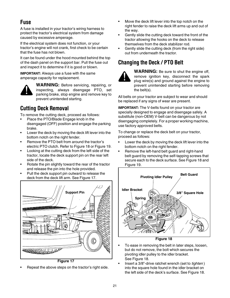 Fuse, Cutting deck removal, Changing the deck / pto belt | Cub Cadet LT1024 User Manual | Page 21 / 28