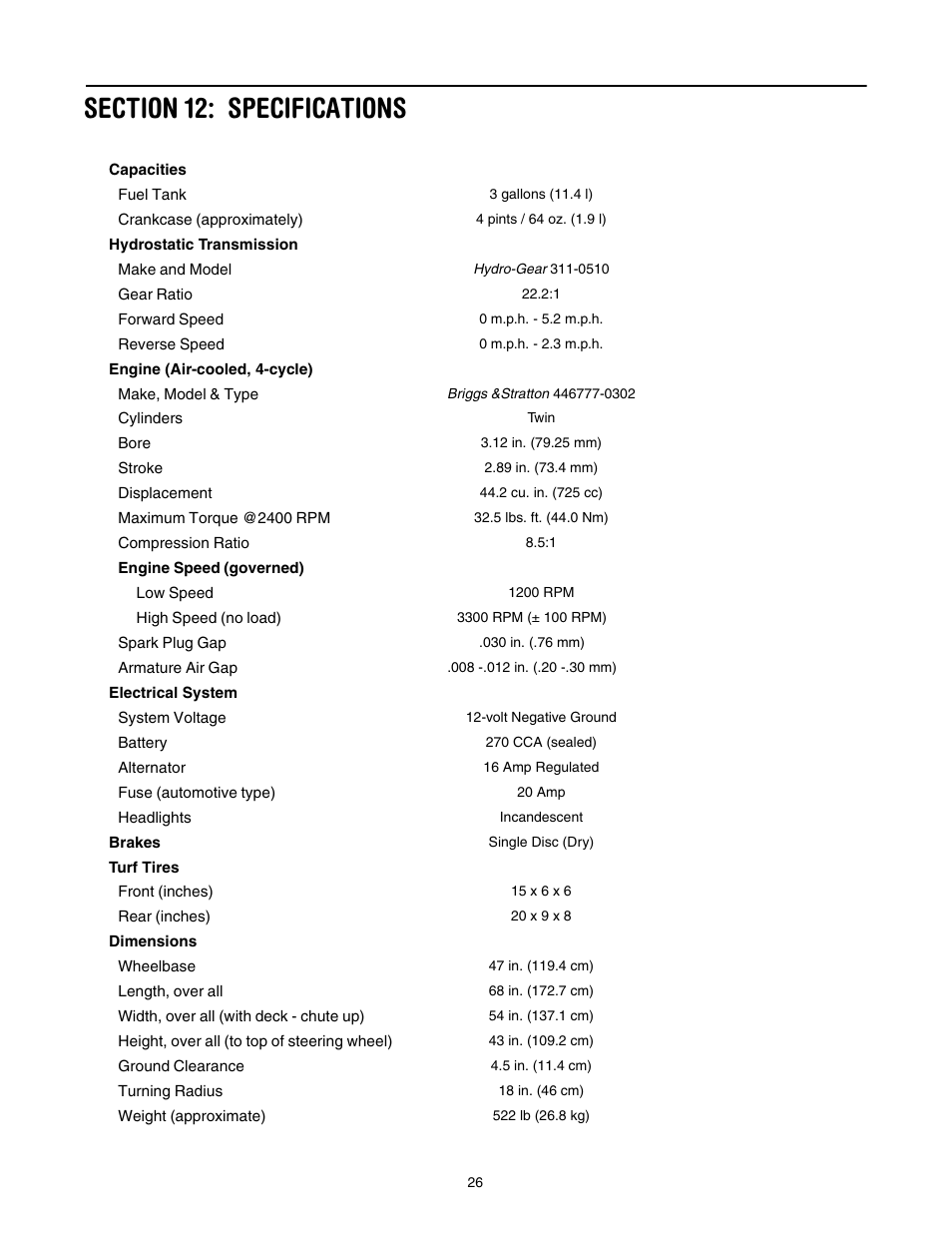 Section 12: specifications | Cub Cadet LT1024 User Manual | Page 26 / 28