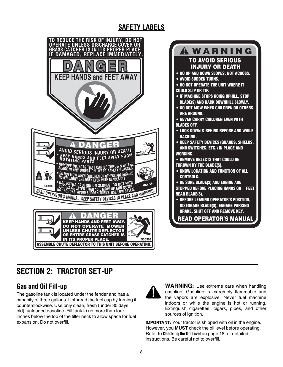 Section 2: tractor set-up, Gas and oil fill-up, Danger | Safety labels | Cub Cadet LT1024 User Manual | Page 8 / 28