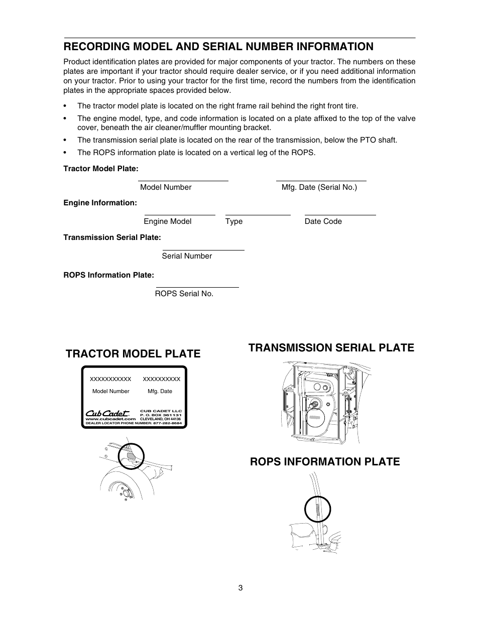 Recording model and serial number information | Cub Cadet 5264D User Manual | Page 3 / 48