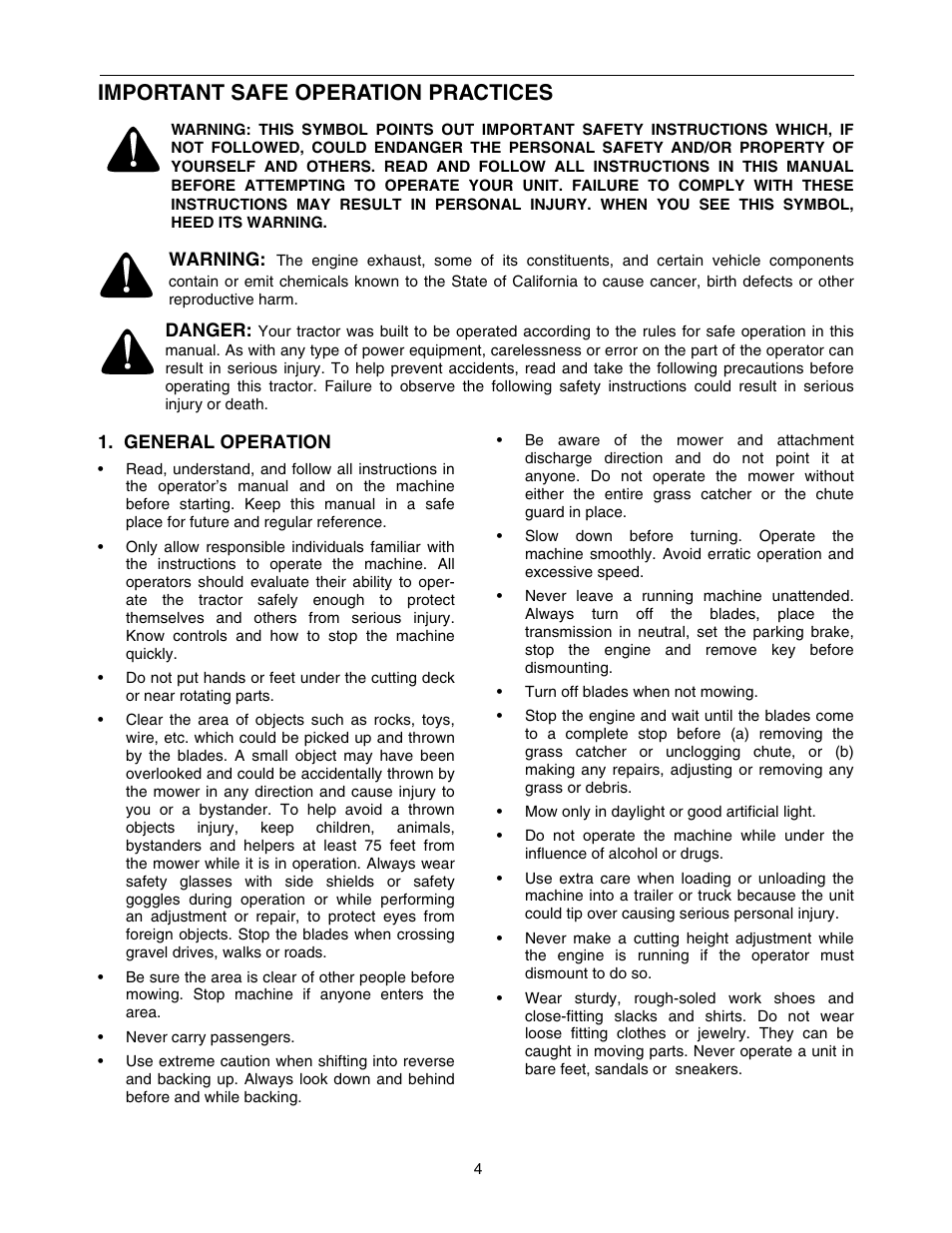 Important safe operation practices | Cub Cadet 5264D User Manual | Page 4 / 48