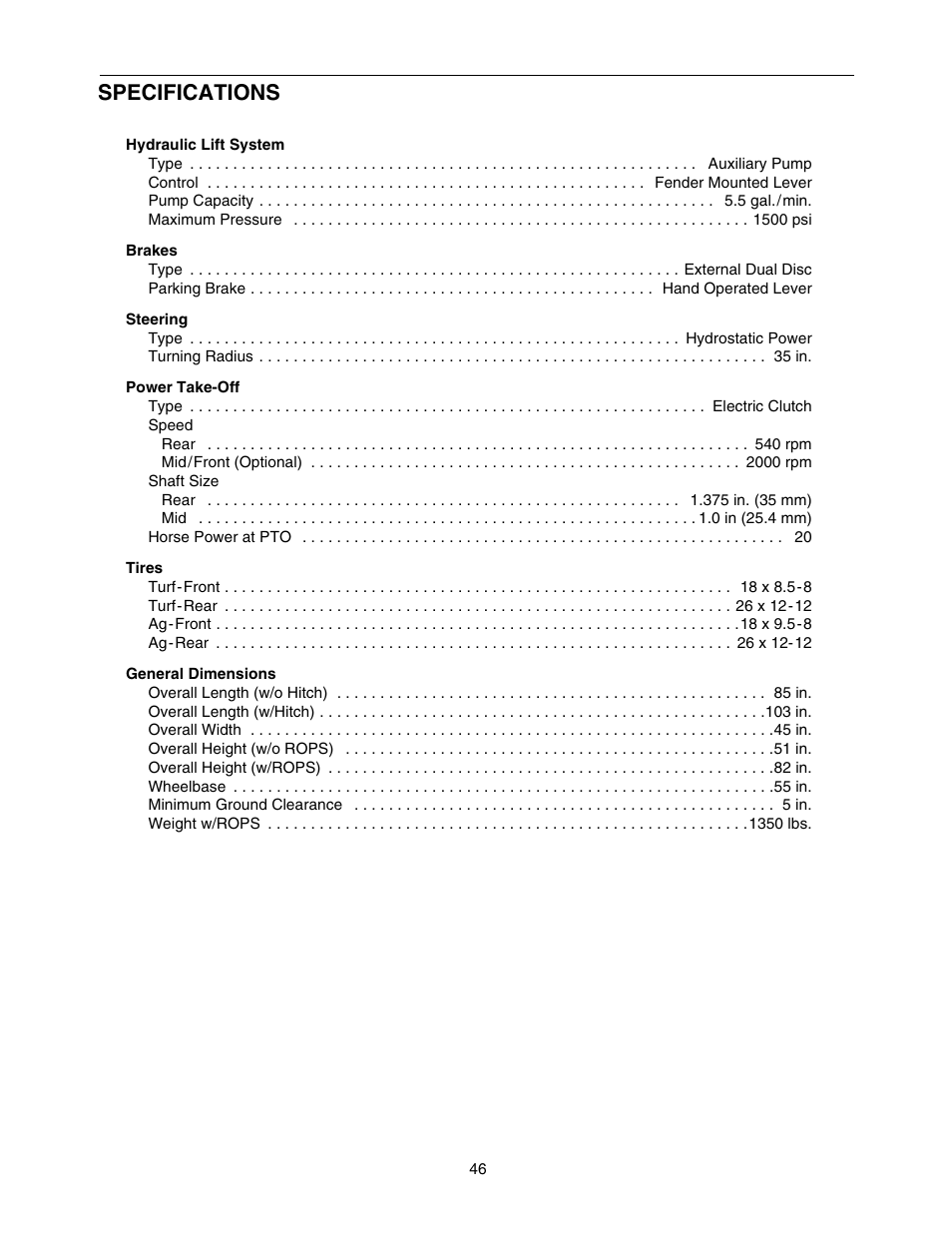 Specifications | Cub Cadet 5264D User Manual | Page 46 / 48