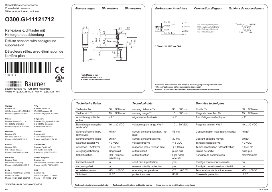 Baumer O300.GI-GW1B.72N User Manual | 4 pages