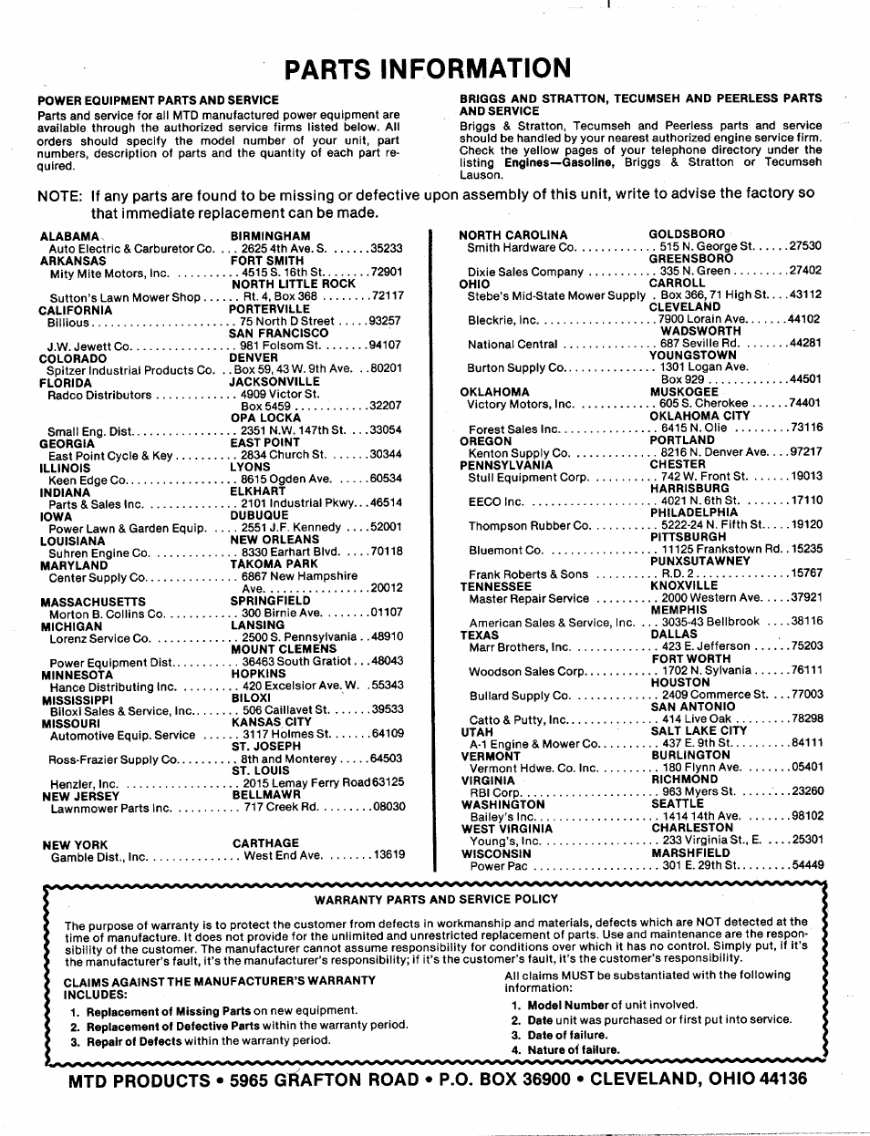 Parts information | Bolens 111-064A User Manual | Page 18 / 18