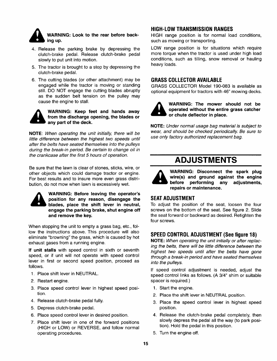 Warning: look to the rear before backing up, Adjustments | Bolens 840 thru 849 User Manual | Page 15 / 24