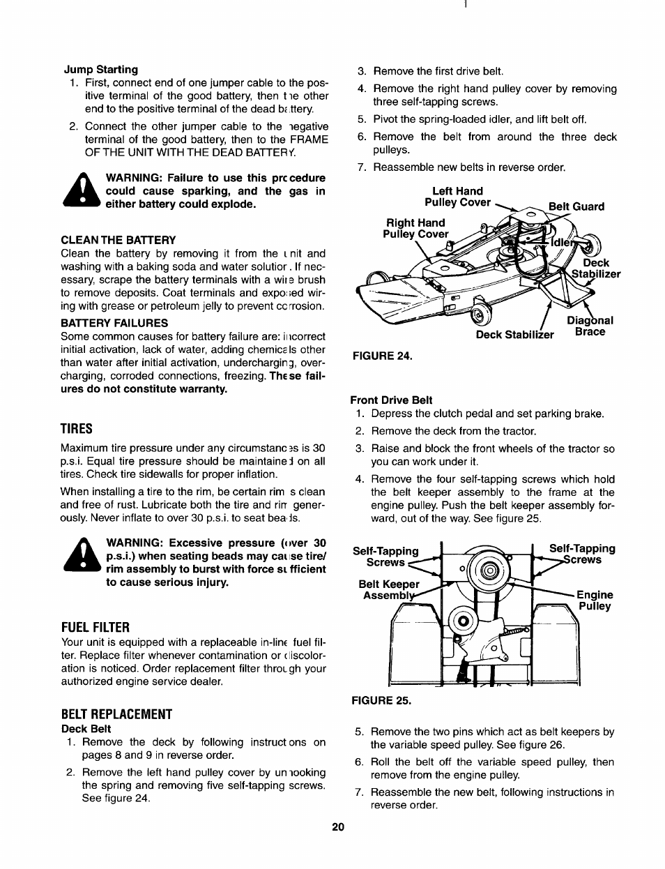 Jump starting, Clean the battery, Battery failures | Front drive belt | Bolens 840 thru 849 User Manual | Page 20 / 24