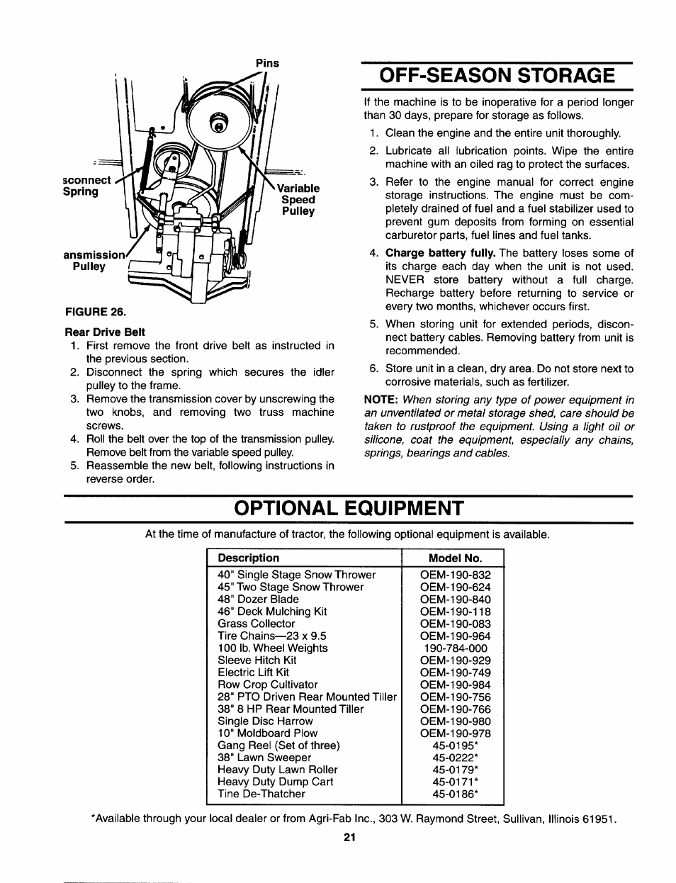 Rear drive beit, Off-season storage, Optional equipment | Bolens 840 thru 849 User Manual | Page 21 / 24