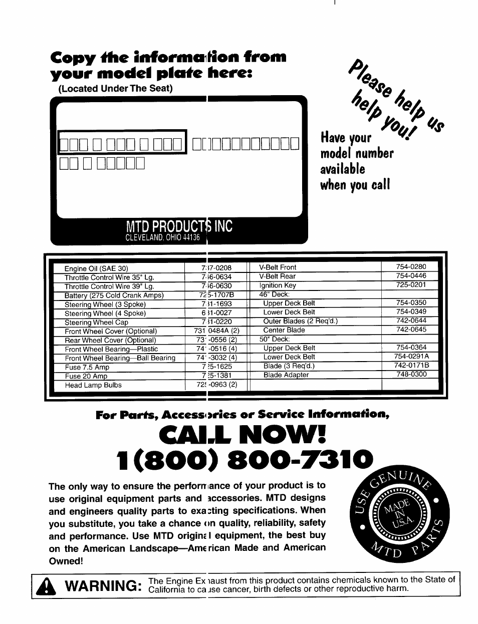 Copy, Infonticniion from your model picde here, Caixnow | Have your '** model number available when you call, For paris, accessories or service informalioii | Bolens 840 thru 849 User Manual | Page 24 / 24