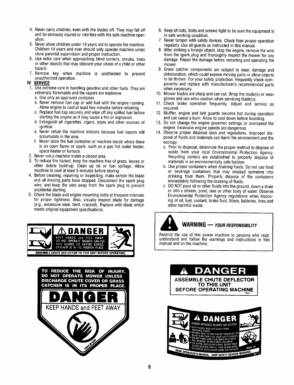 A danger, Assemble chute deflector to this unit, Before operating machine | Danger, Warning, Service | Bolens 840 thru 849 User Manual | Page 5 / 24