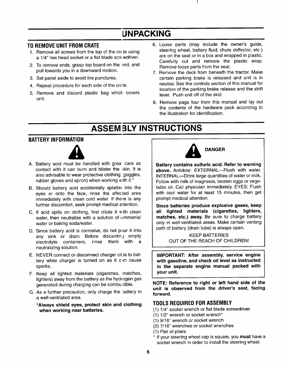 Unpacking, Assembly instructions, Danger | Bolens 840 thru 849 User Manual | Page 6 / 24