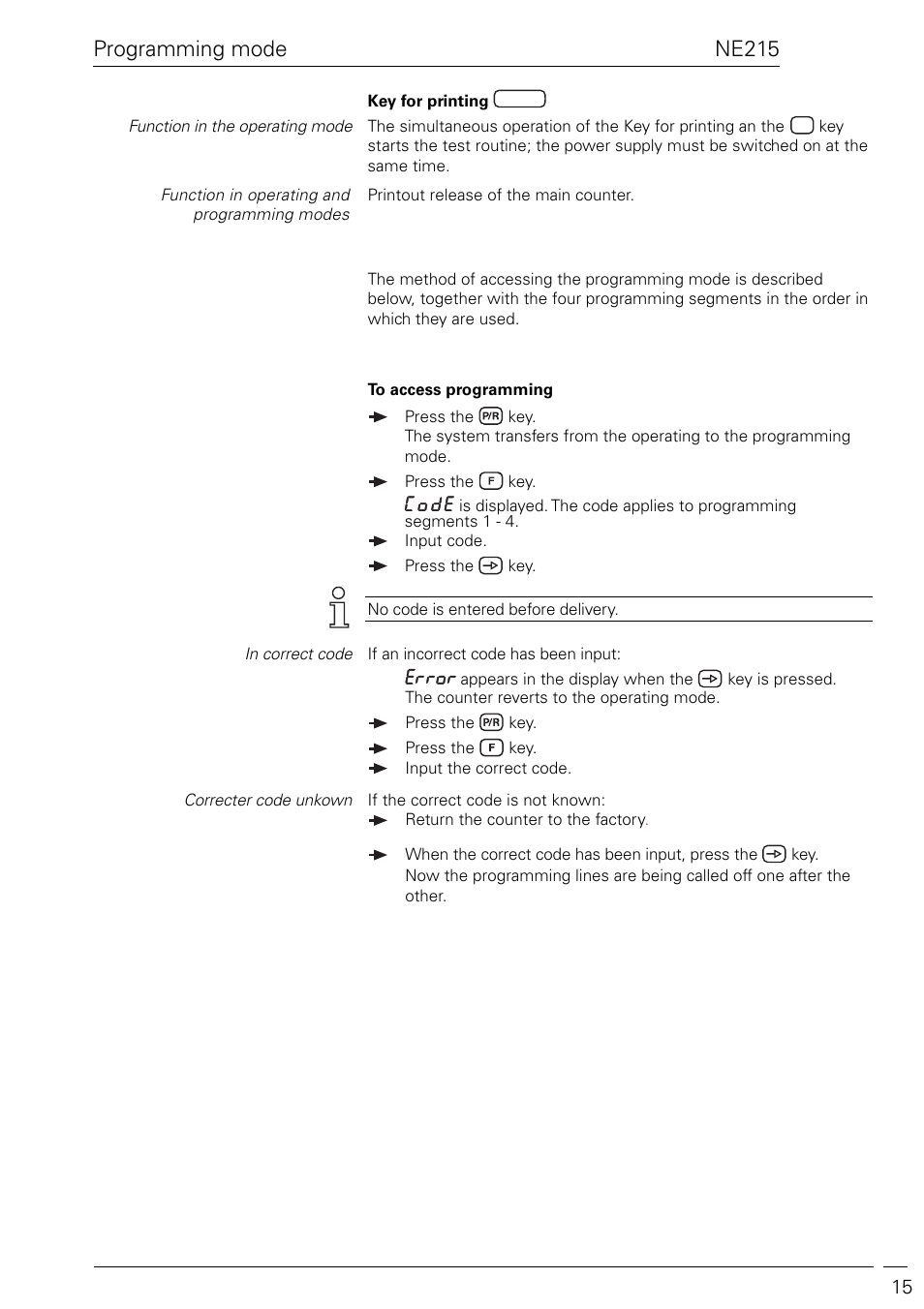 Ne215 programming mode | Baumer NE215 User Manual | Page 15 / 40