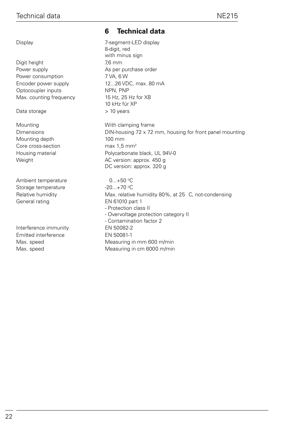 Ne215 6 technical data, Technical data | Baumer NE215 User Manual | Page 22 / 40