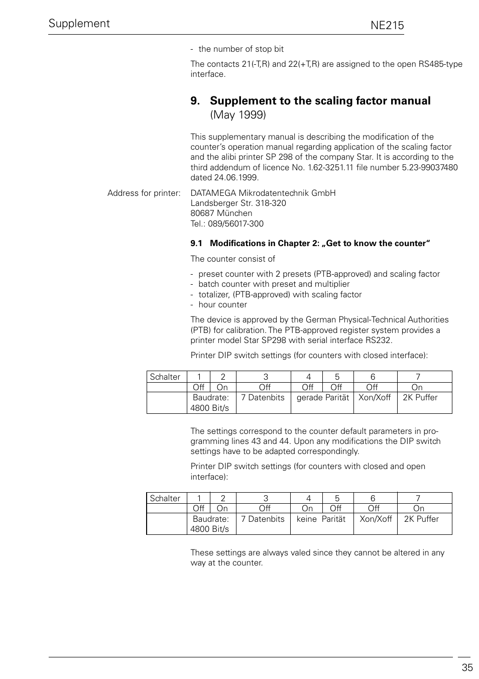 Ne215, Supplement to the scaling factor manual (may 1999), Supplement | Baumer NE215 User Manual | Page 35 / 40