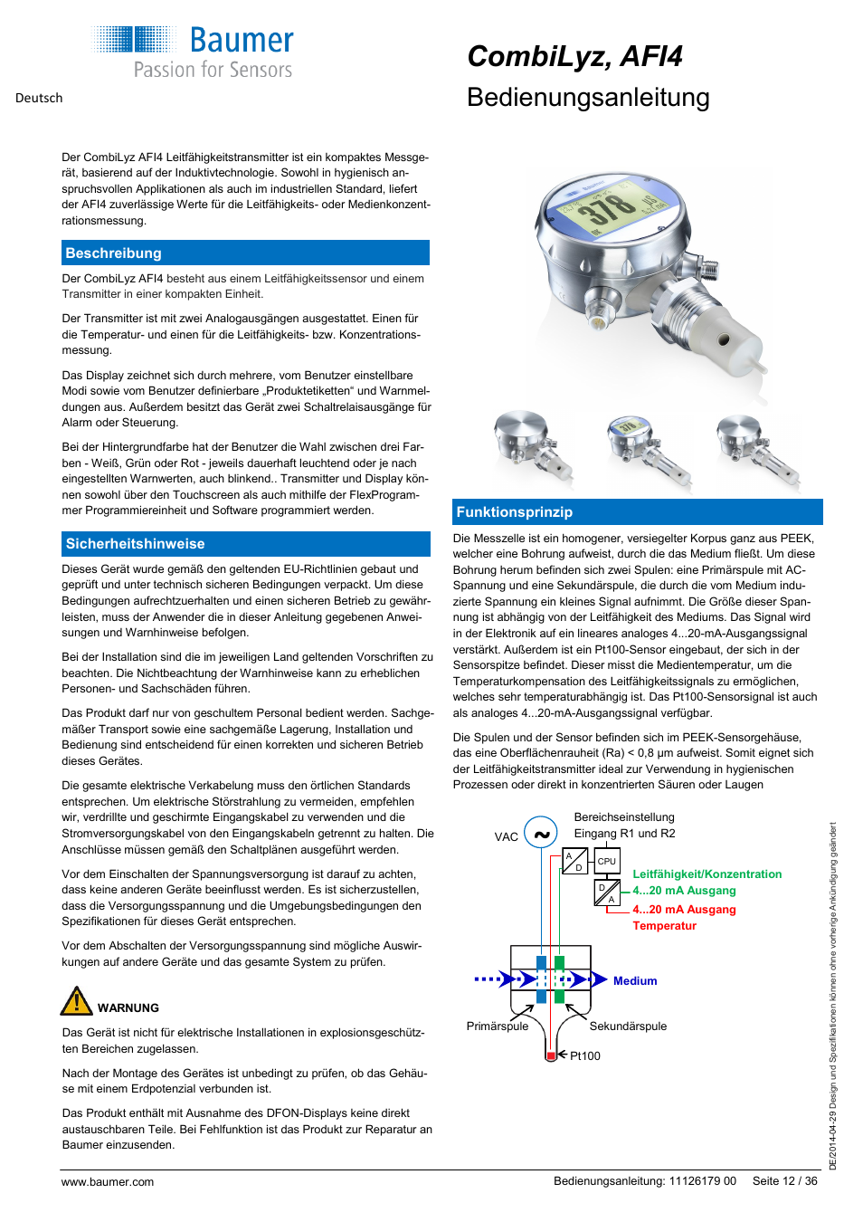 Combilyz, afi4, Bedienungsanleitung, Beschreibung sicherheitshinweise | Funktionsprinzip deutsch | Baumer CombiLyz AFI4 User Manual | Page 12 / 36