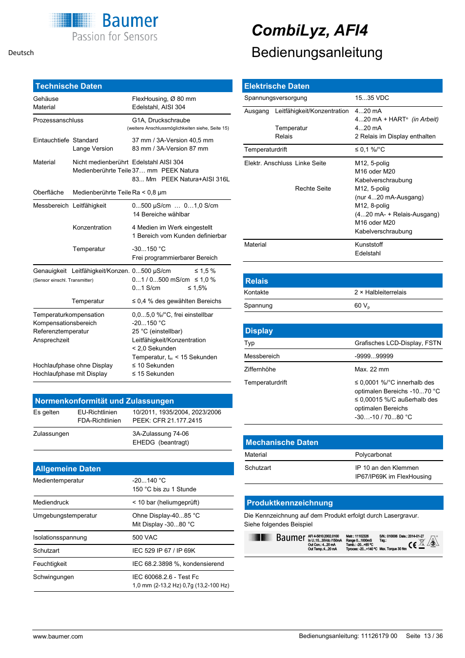 Combilyz, afi4, Bedienungsanleitung | Baumer CombiLyz AFI4 User Manual | Page 13 / 36