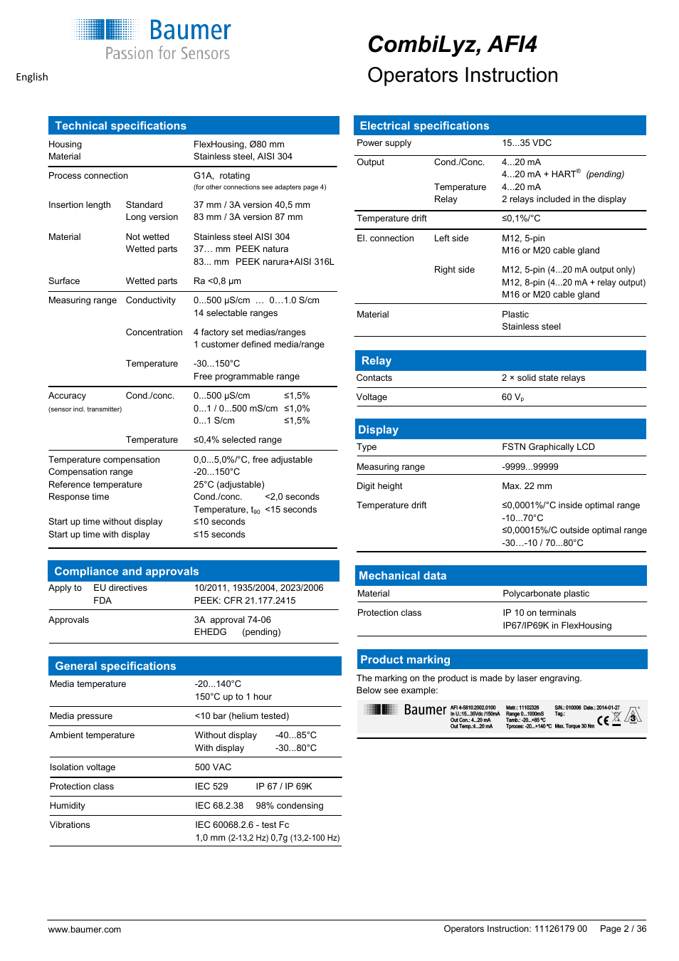 Combilyz, afi4, Operators instruction | Baumer CombiLyz AFI4 User Manual | Page 2 / 36