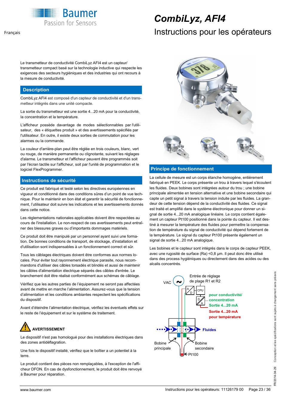 Combilyz, afi4, Instructions pour les opérateurs, Description instructions de sécurité | Principe de fonctionnement français | Baumer CombiLyz AFI4 User Manual | Page 23 / 36