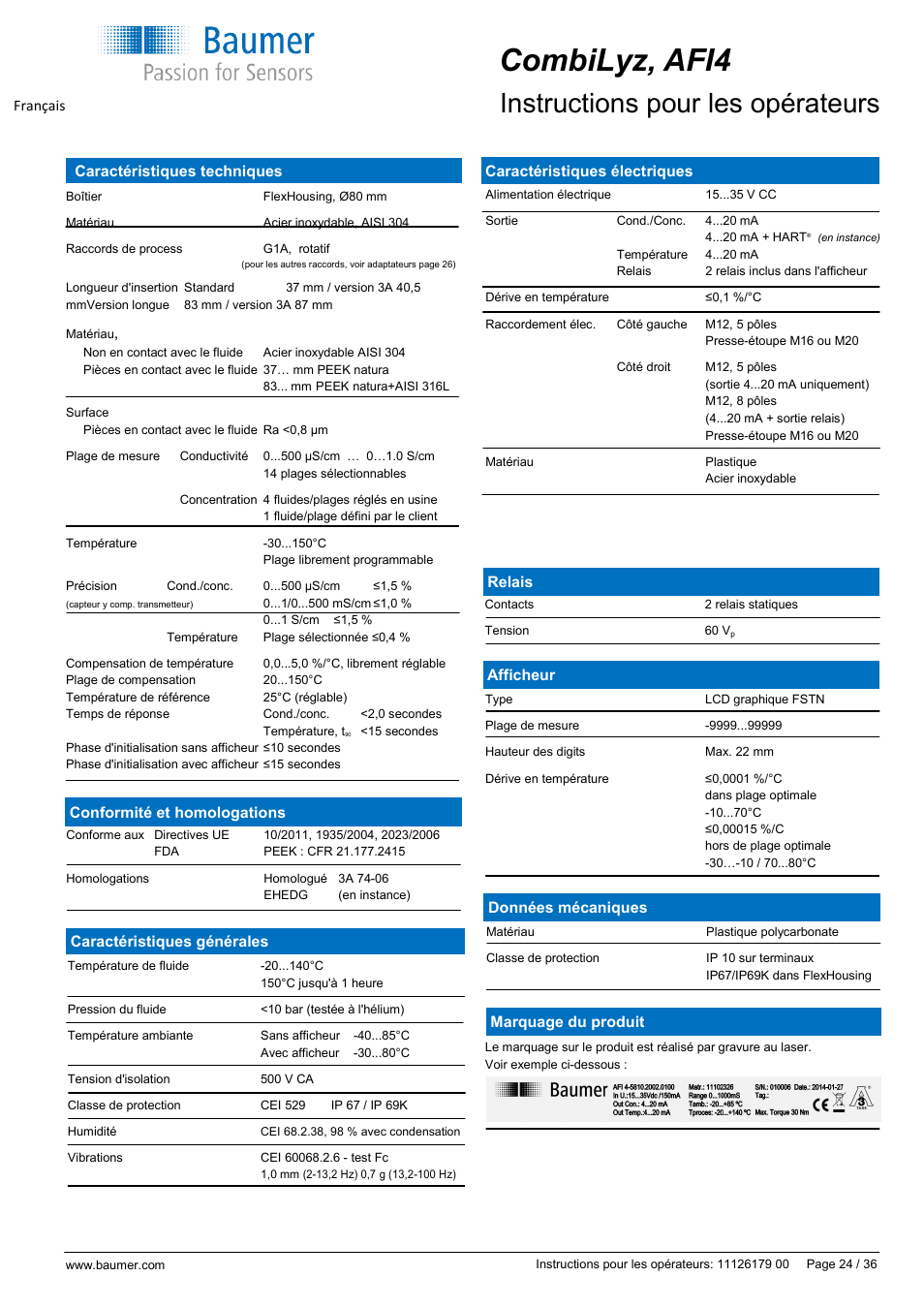 Combilyz, afi4, Instructions pour les opérateurs | Baumer CombiLyz AFI4 User Manual | Page 24 / 36