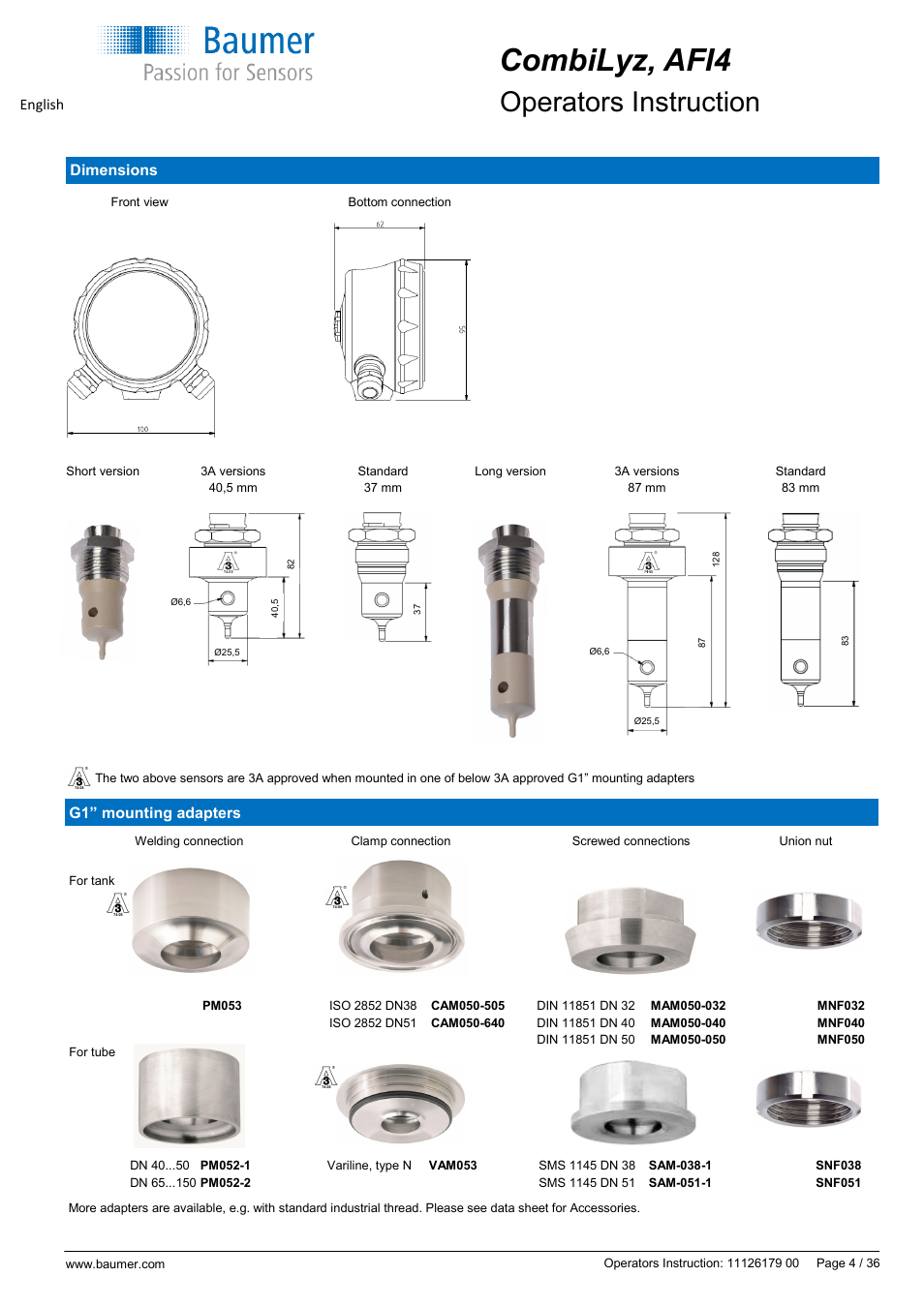 Combilyz, afi4, Operators instruction | Baumer CombiLyz AFI4 User Manual | Page 4 / 36