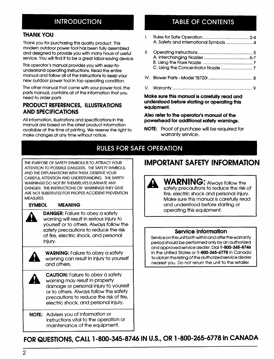 Thank you, Service information, A warning | Important safety information | Bolens TB720r User Manual | Page 2 / 10